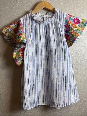 THML White and Blue Stripe Dress with Colorful Embroidered Flutter Sleeves SizeS